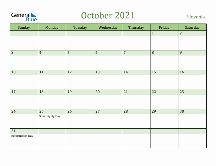 October 2021 Calendar with Slovenia Holidays