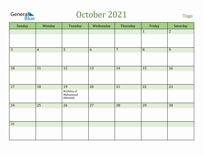 October 2021 Calendar with Togo Holidays