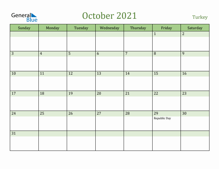 October 2021 Calendar with Turkey Holidays