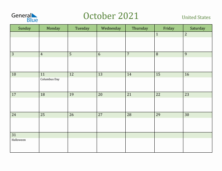 October 2021 Calendar with United States Holidays