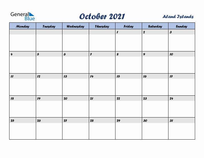 October 2021 Calendar with Holidays in Aland Islands