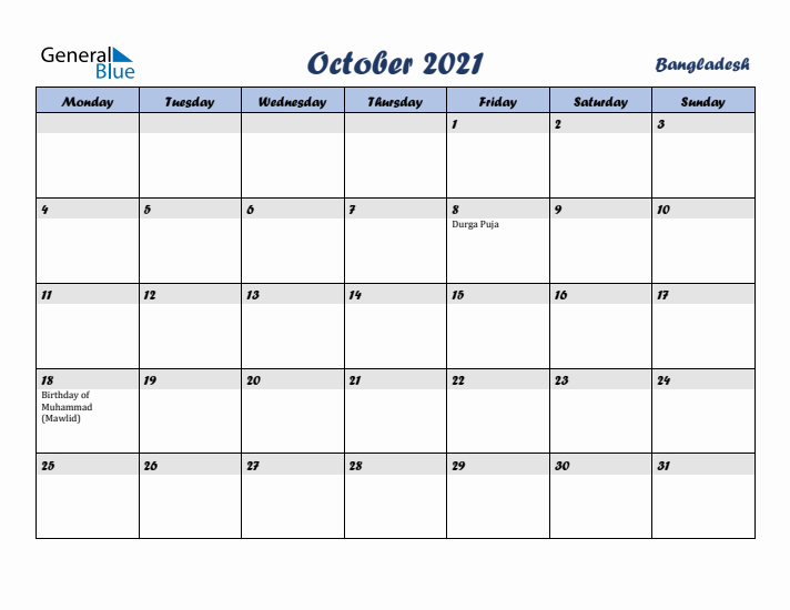 October 2021 Calendar with Holidays in Bangladesh