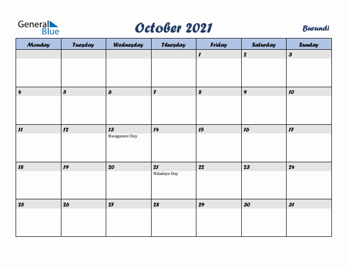 October 2021 Calendar with Holidays in Burundi