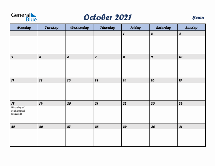 October 2021 Calendar with Holidays in Benin