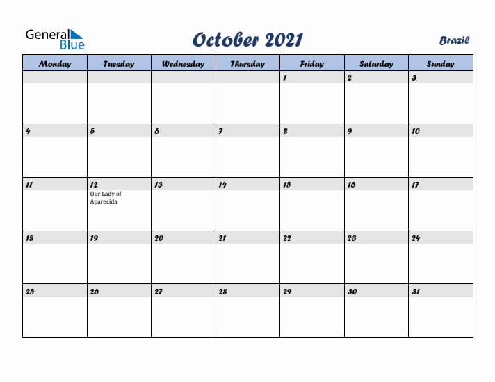 October 2021 Calendar with Holidays in Brazil