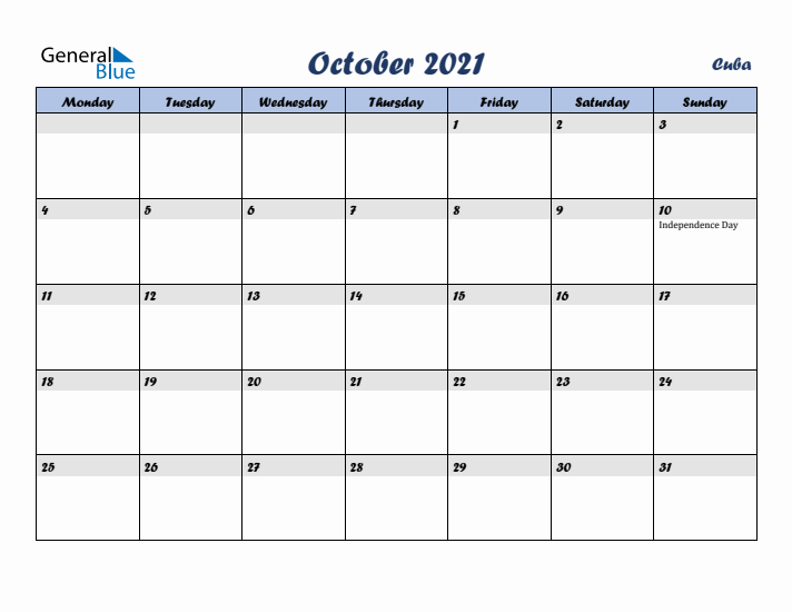 October 2021 Calendar with Holidays in Cuba