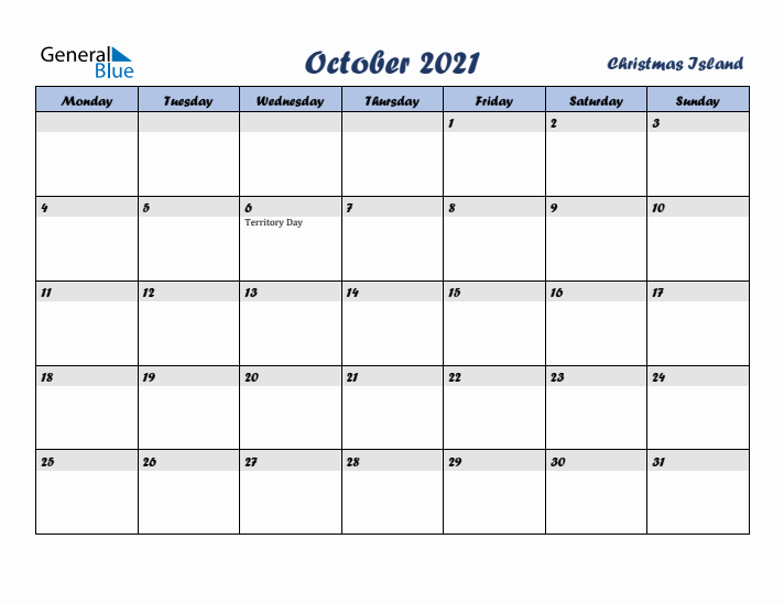 October 2021 Calendar with Holidays in Christmas Island