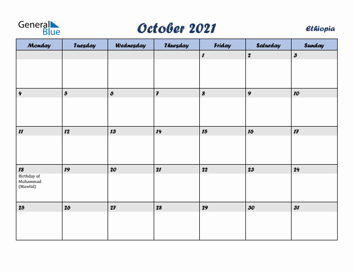 October 2021 Calendar with Holidays in Ethiopia