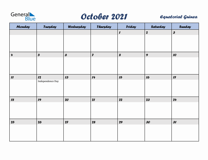 October 2021 Calendar with Holidays in Equatorial Guinea