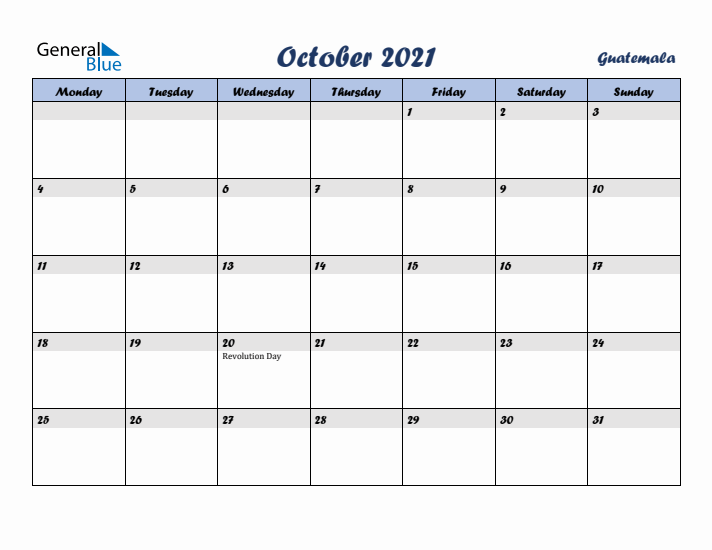 October 2021 Calendar with Holidays in Guatemala