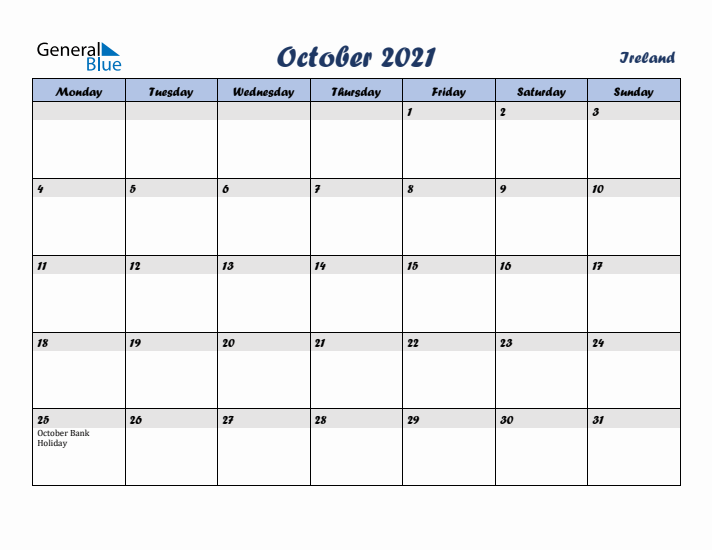 October 2021 Calendar with Holidays in Ireland