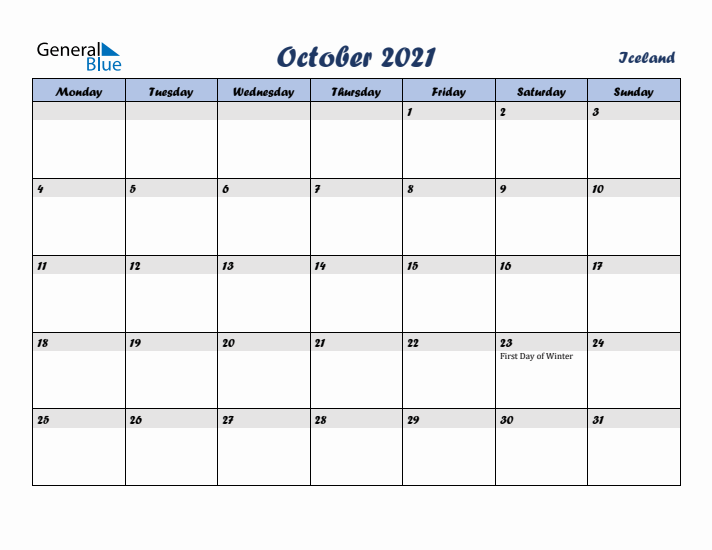 October 2021 Calendar with Holidays in Iceland