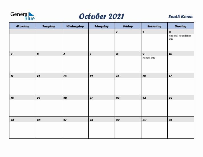 October 2021 Calendar with Holidays in South Korea