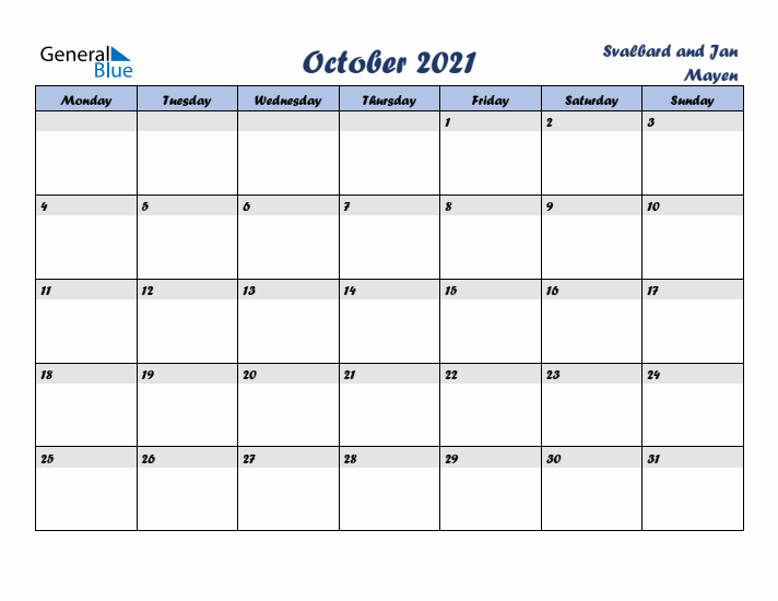 October 2021 Calendar with Holidays in Svalbard and Jan Mayen