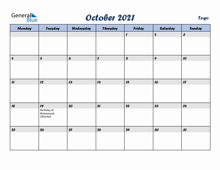 October 2021 Calendar with Holidays in Togo