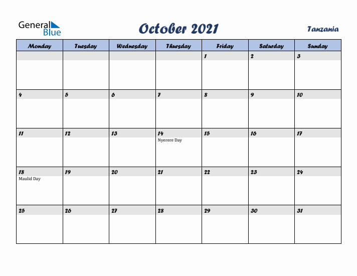 October 2021 Calendar with Holidays in Tanzania