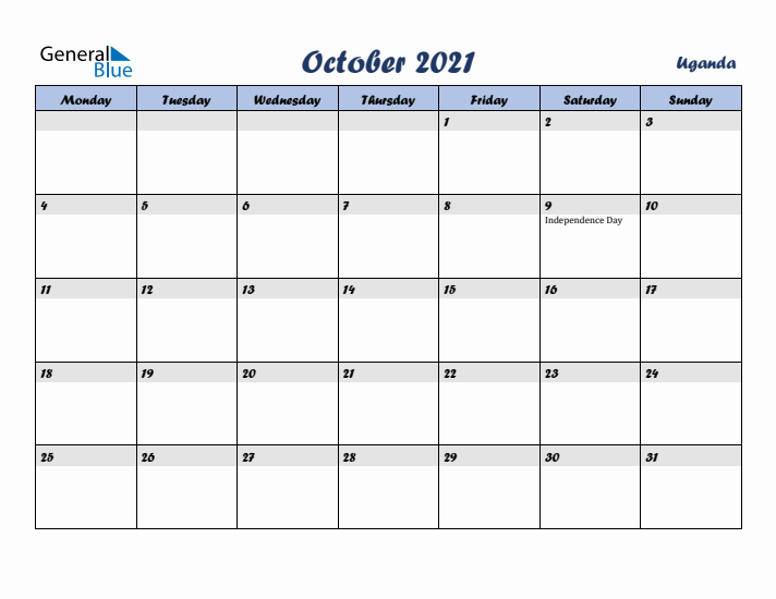 October 2021 Calendar with Holidays in Uganda