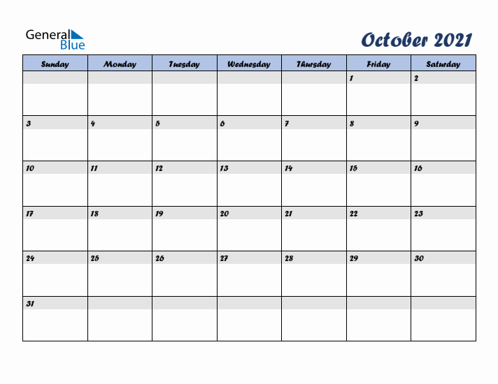 October 2021 Blue Calendar (Sunday Start)