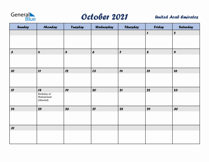 October 2021 Calendar with Holidays in United Arab Emirates