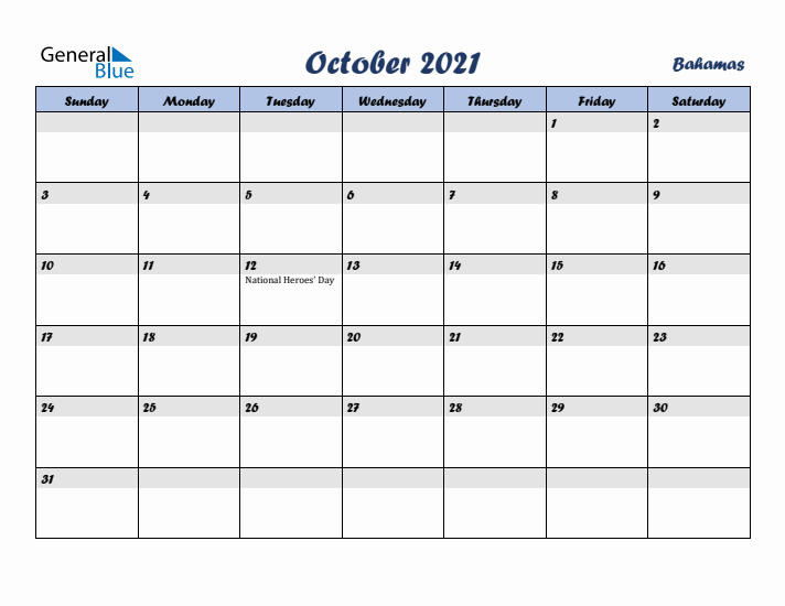 October 2021 Calendar with Holidays in Bahamas