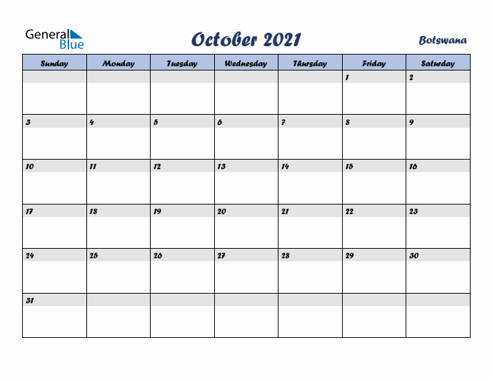 October 2021 Calendar with Holidays in Botswana