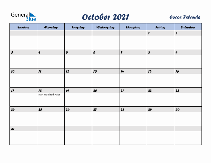 October 2021 Calendar with Holidays in Cocos Islands