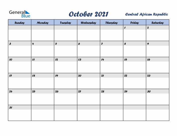 October 2021 Calendar with Holidays in Central African Republic