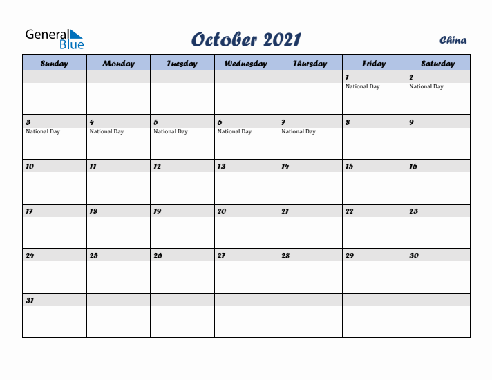 October 2021 Calendar with Holidays in China