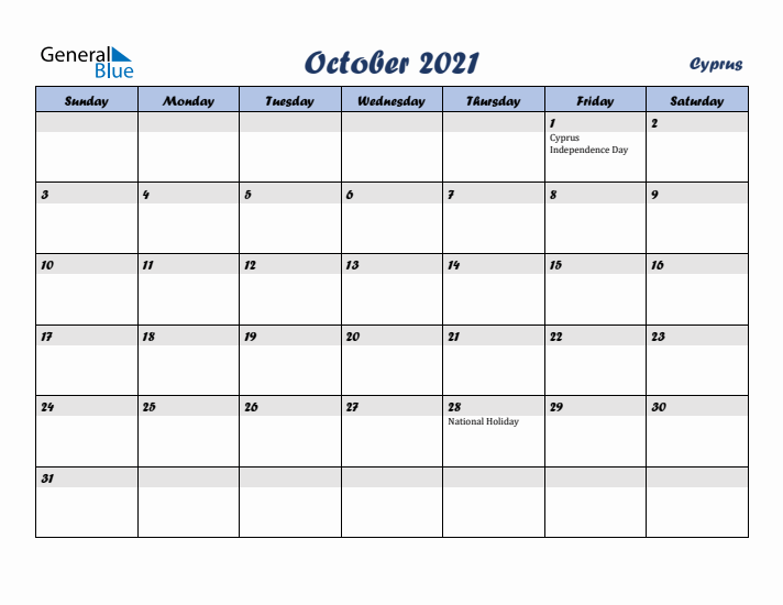 October 2021 Calendar with Holidays in Cyprus