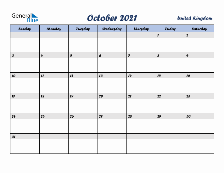 October 2021 Calendar with Holidays in United Kingdom