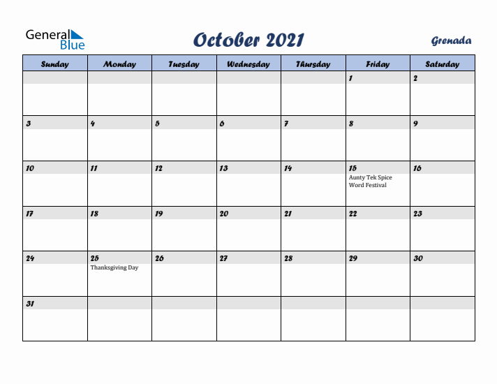 October 2021 Calendar with Holidays in Grenada