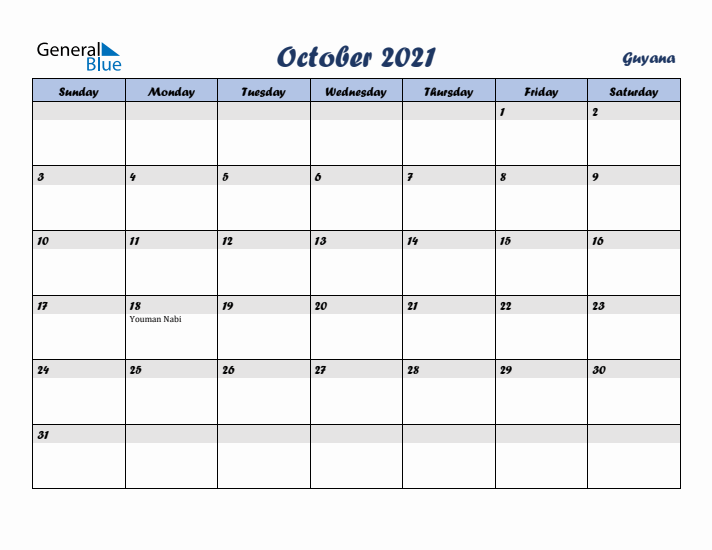 October 2021 Calendar with Holidays in Guyana