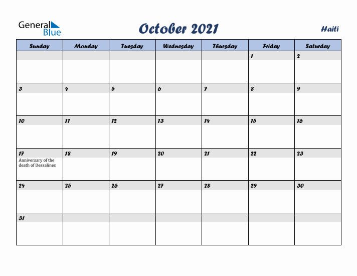 October 2021 Calendar with Holidays in Haiti