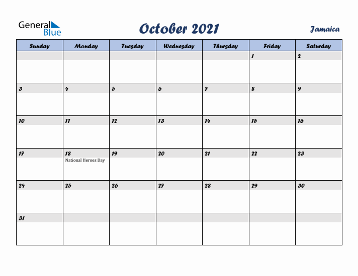 October 2021 Calendar with Holidays in Jamaica