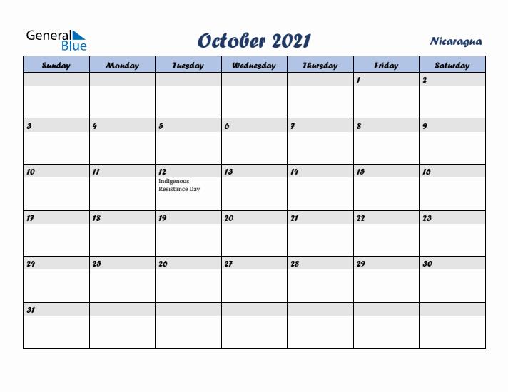 October 2021 Calendar with Holidays in Nicaragua