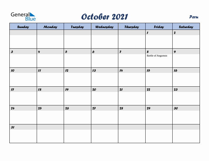 October 2021 Calendar with Holidays in Peru