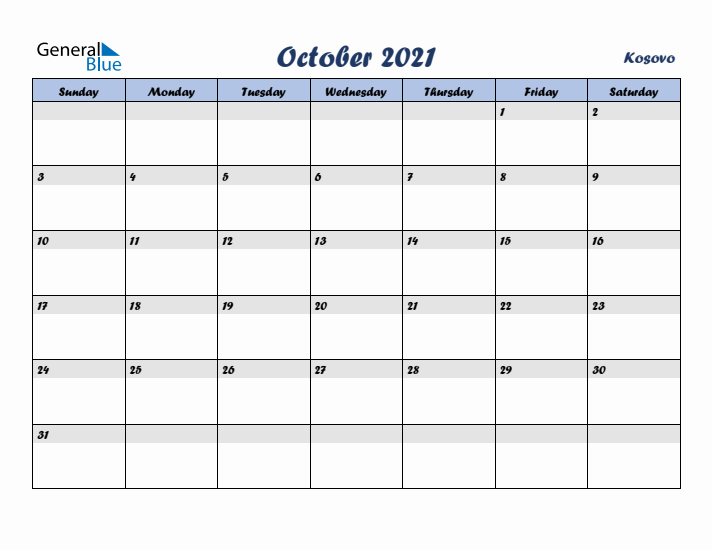 October 2021 Calendar with Holidays in Kosovo