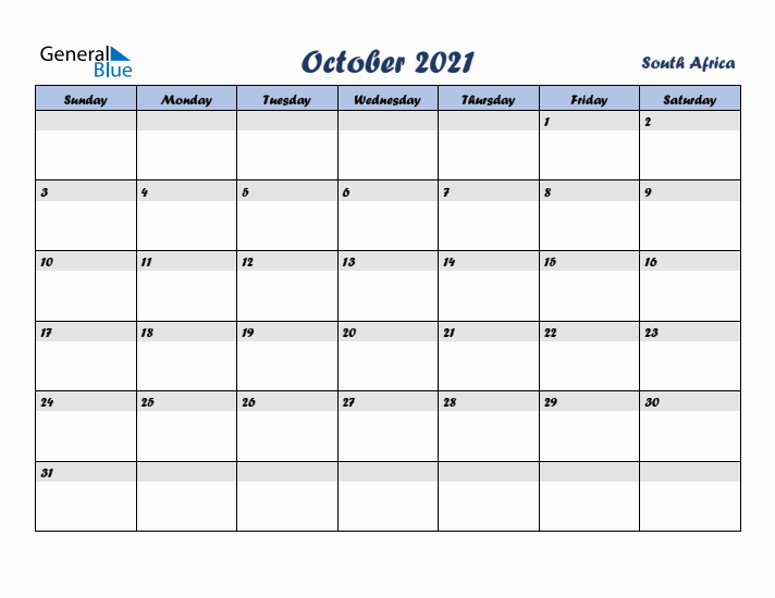 October 2021 Calendar with Holidays in South Africa