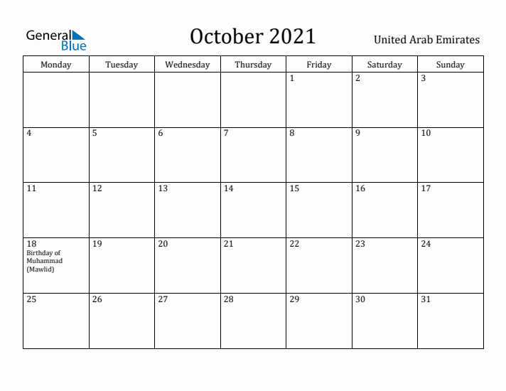 October 2021 Calendar United Arab Emirates