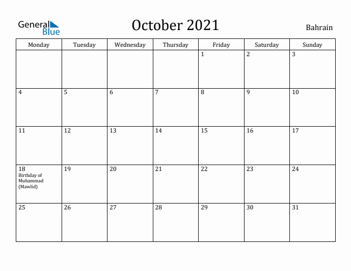 October 2021 Calendar Bahrain