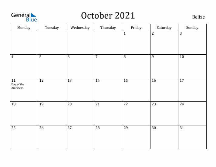 October 2021 Calendar Belize