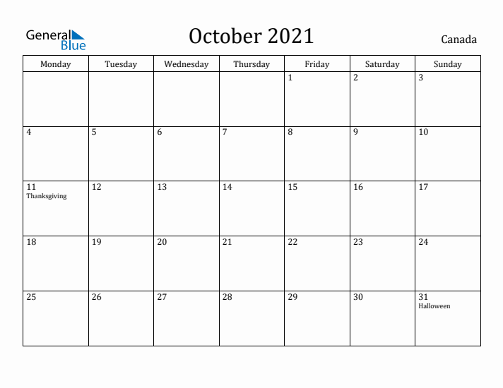 October 2021 Calendar Canada