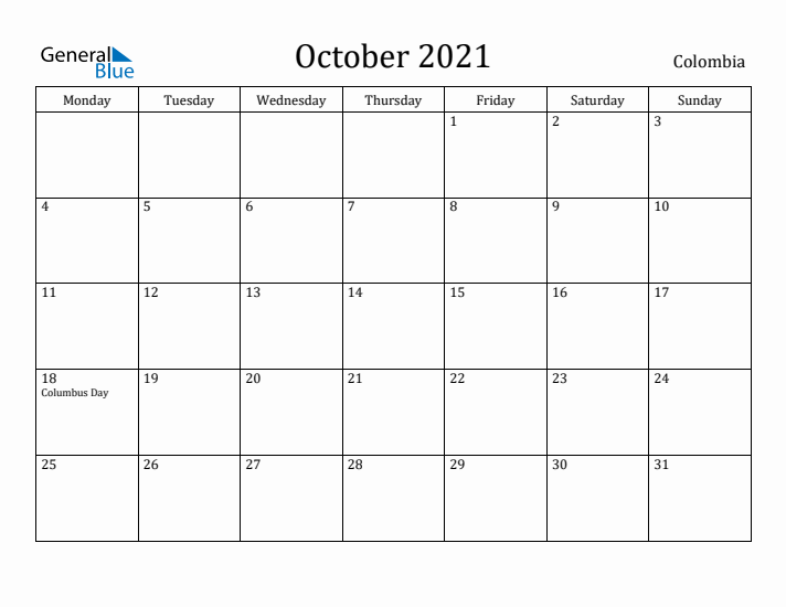 October 2021 Calendar Colombia