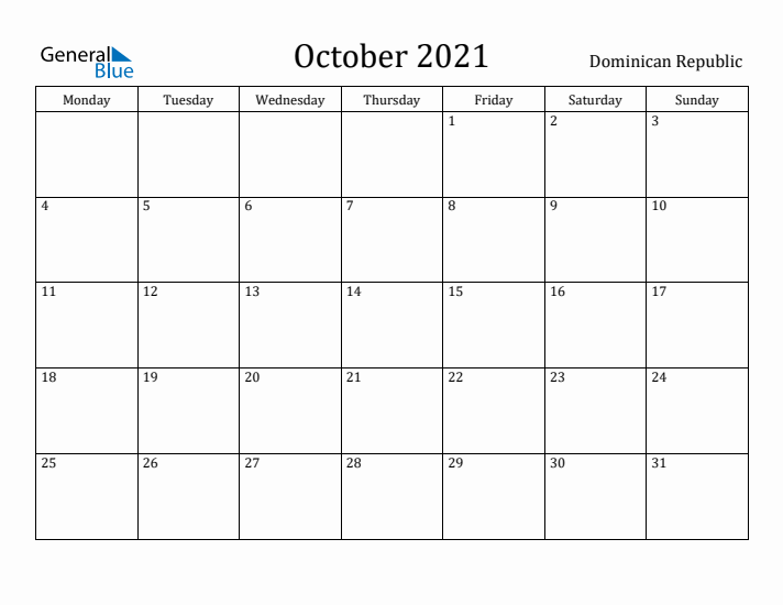 October 2021 Calendar Dominican Republic