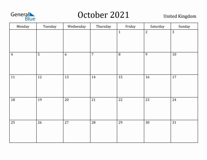 October 2021 Calendar United Kingdom