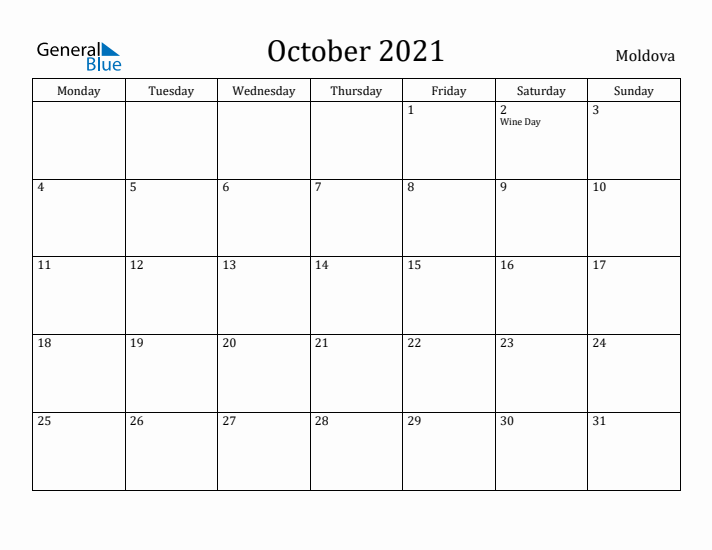 October 2021 Calendar Moldova