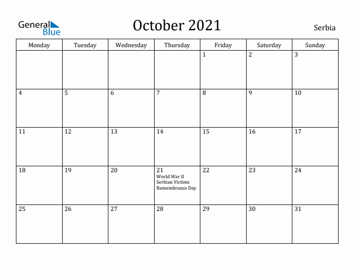 October 2021 Calendar Serbia