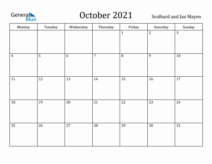 October 2021 Calendar Svalbard and Jan Mayen