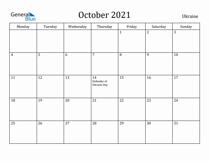 October 2021 Calendar Ukraine