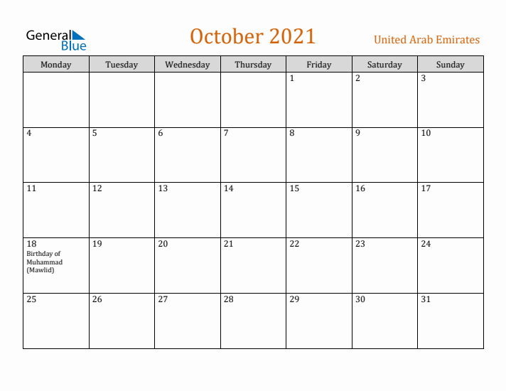 October 2021 Holiday Calendar with Monday Start